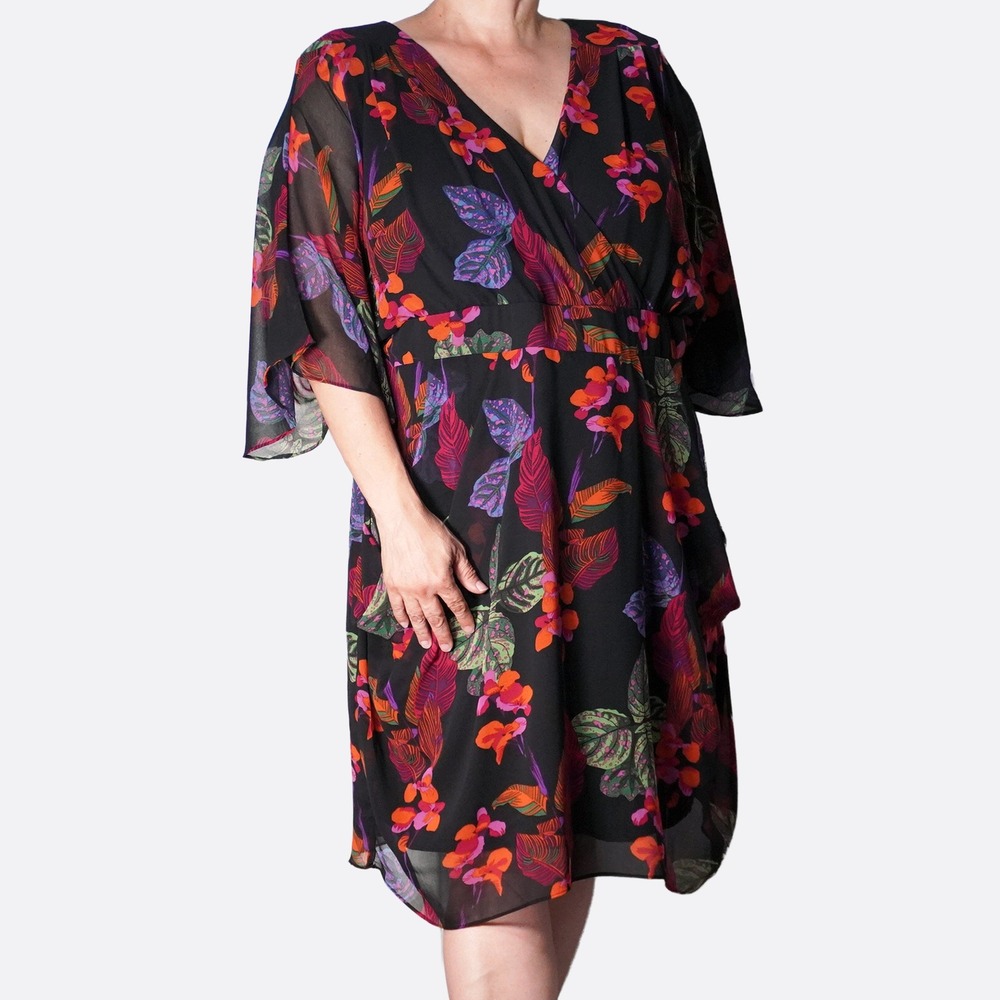 City Chic Jungle Essence Dress Black 3X 22 24 Draped Chiffon Floral Print
